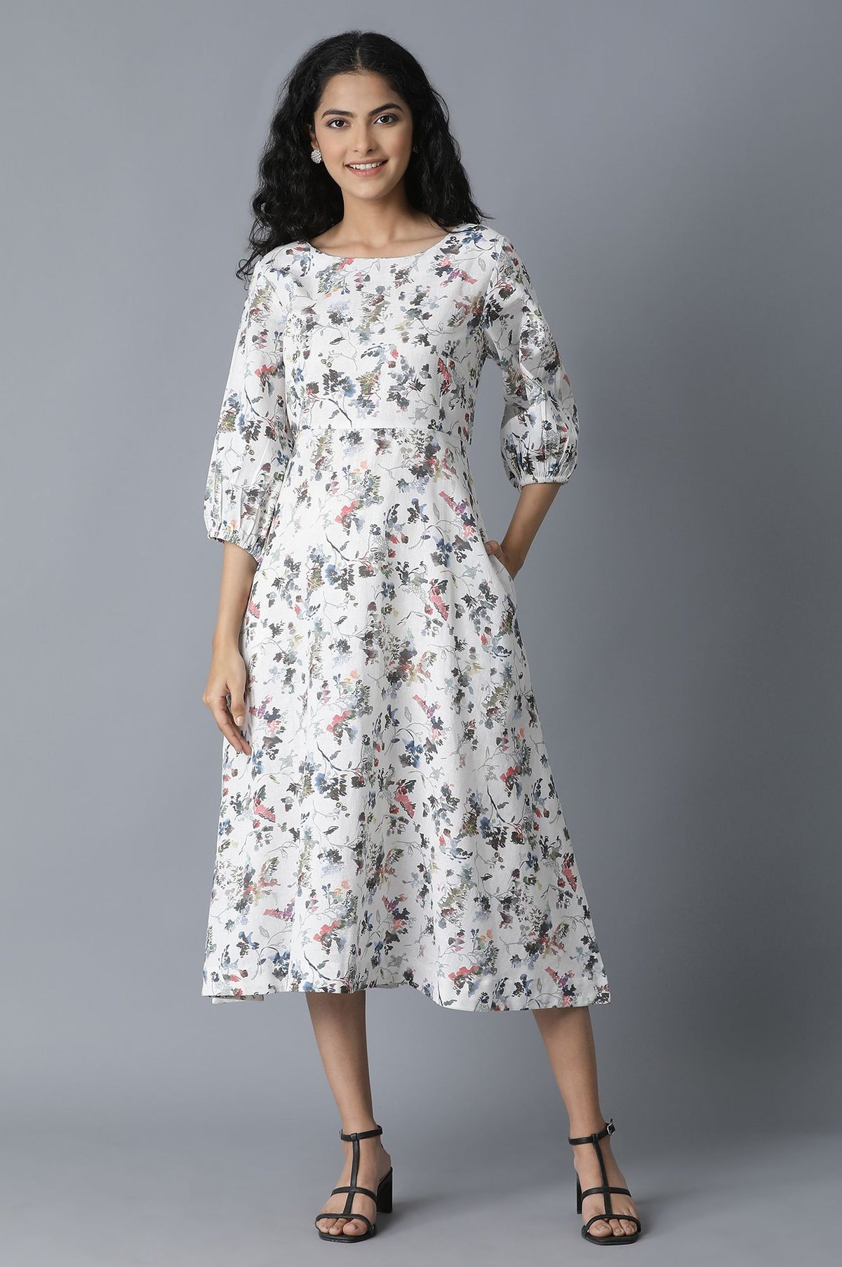 Ecru Floral Print Flared Dress - XS