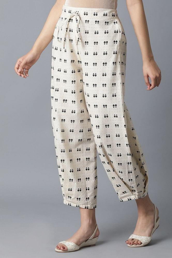 Ecru Ikkat Printed Carrot Pants - wforwoman
