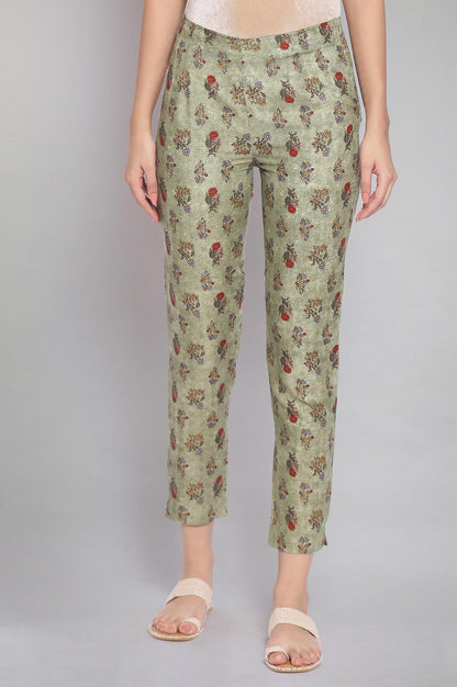 Smoked Green Floral Print Slim Pants - wforwoman