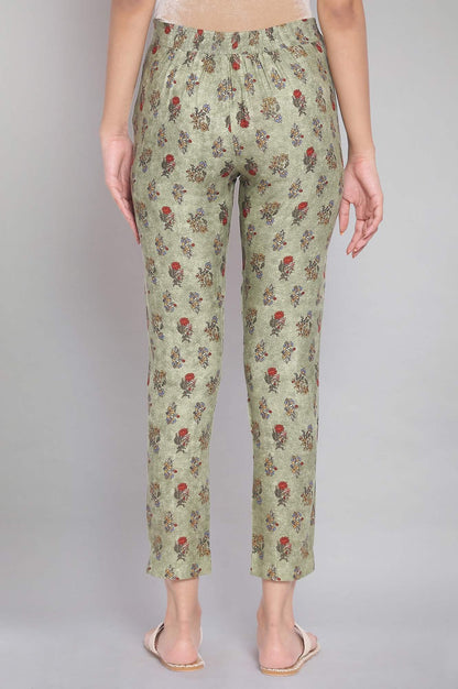 Smoked Green Floral Print Slim Pants - wforwoman