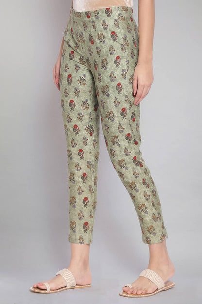 Smoked Green Floral Print Slim Pants - wforwoman