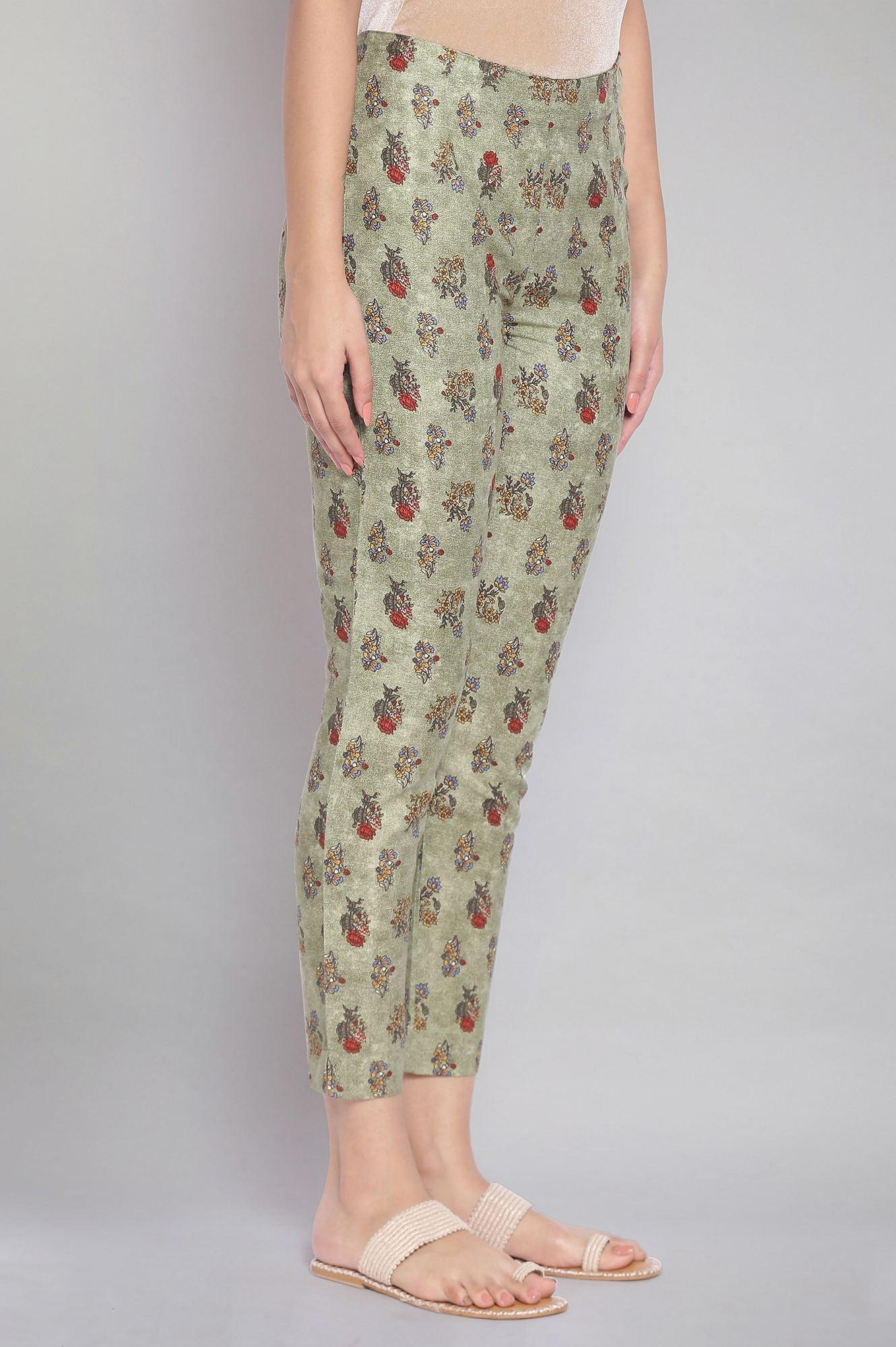 Smoked Green Floral Print Slim Pants - wforwoman