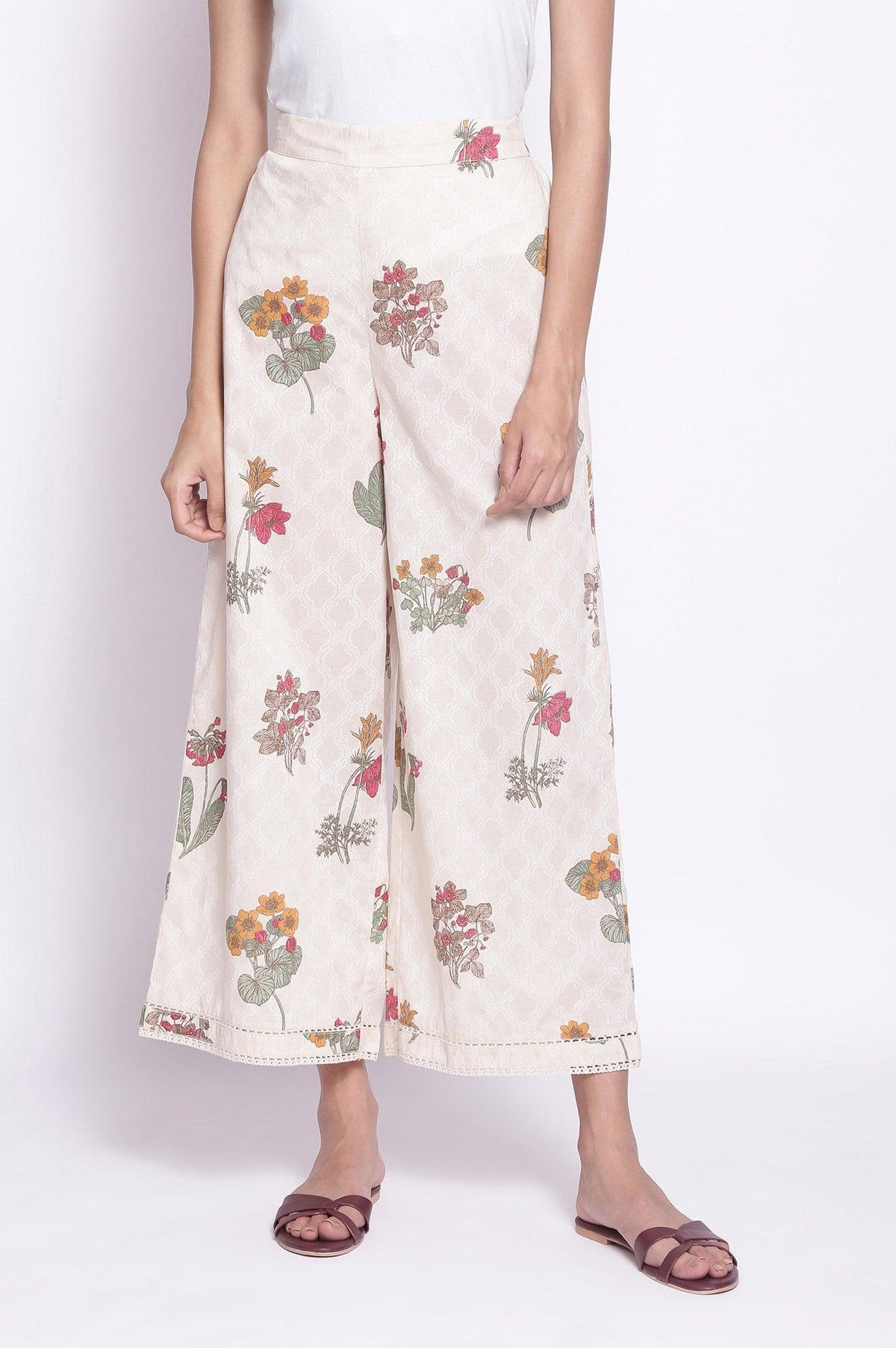 Ecru All-Over Printed Parallel Pants - XS