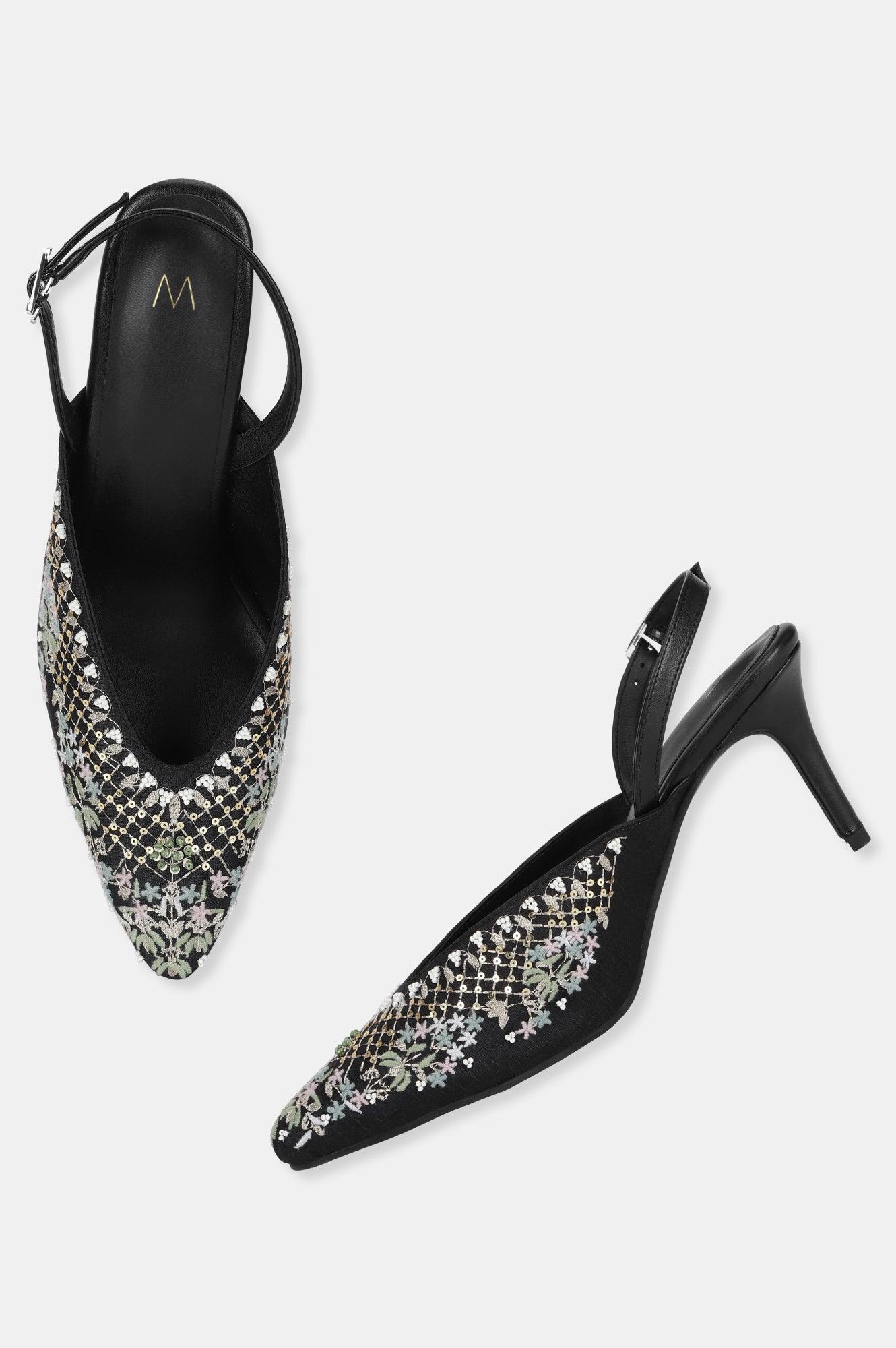 Black Pointed Toe Embroidered Stiletto-WMARIA - wforwoman