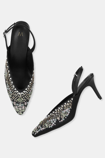 Black Pointed Toe Embroidered Stiletto-WMARIA - wforwoman