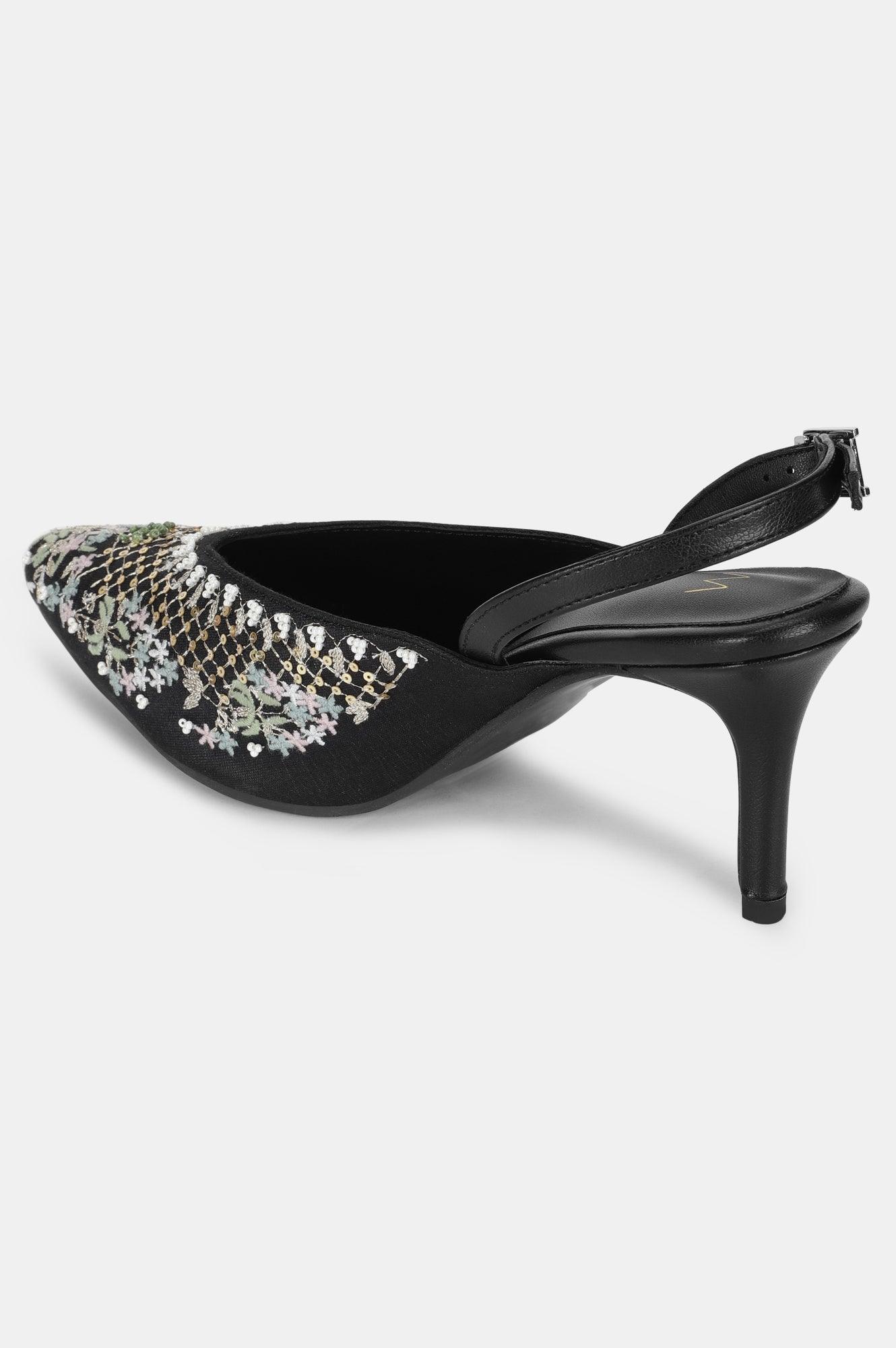 Black Pointed Toe Embroidered Stiletto-WMARIA - wforwoman