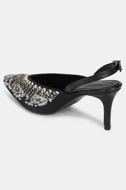 Black Pointed Toe Embroidered Stiletto-WMARIA - wforwoman