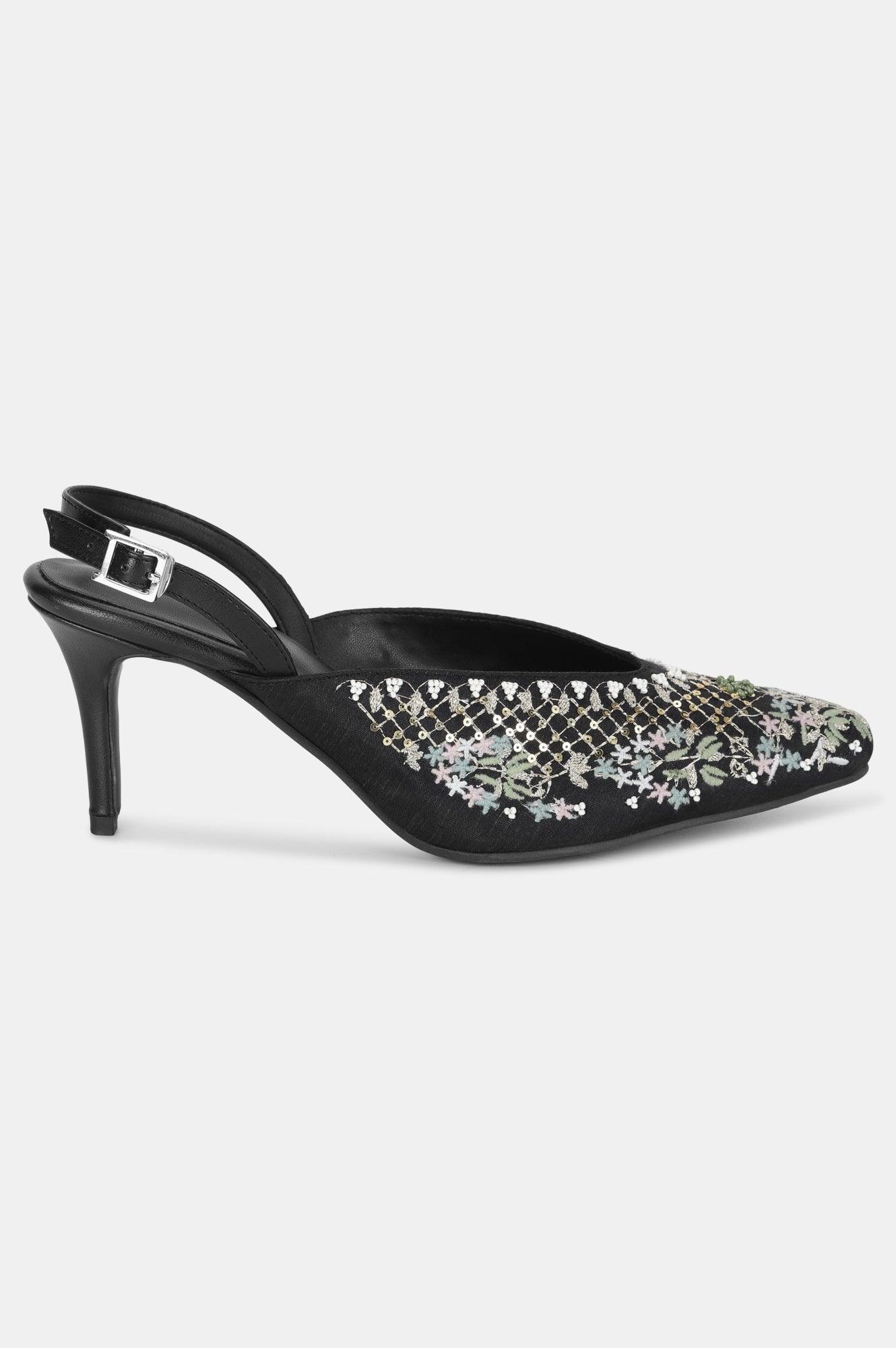 Black Pointed Toe Embroidered Stiletto-WMARIA - wforwoman