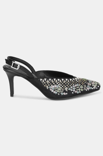 Black Pointed Toe Embroidered Stiletto-WMARIA - wforwoman