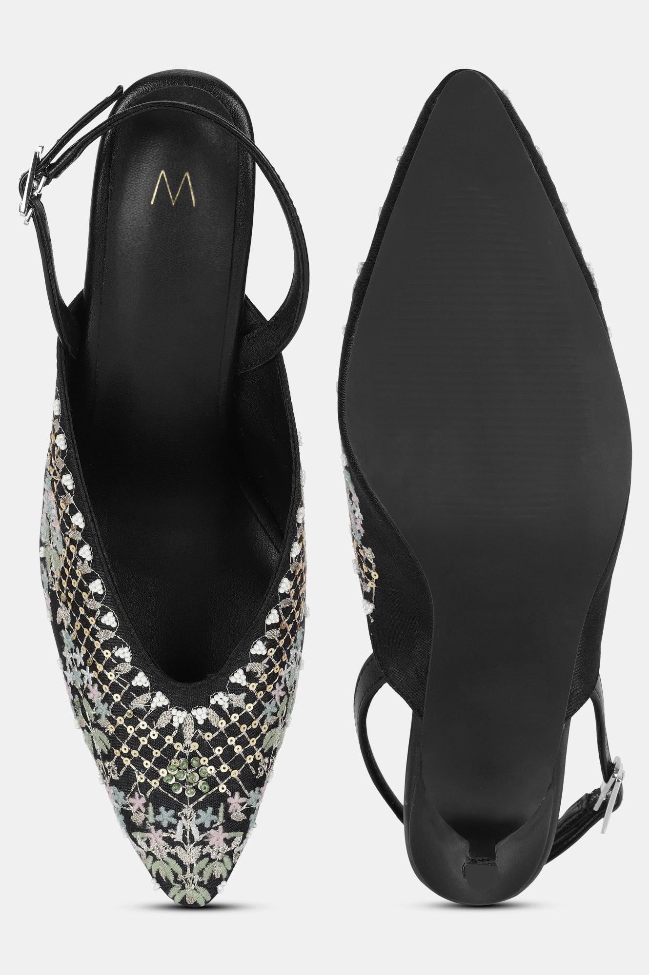 Black Pointed Toe Embroidered Stiletto-WMARIA - wforwoman