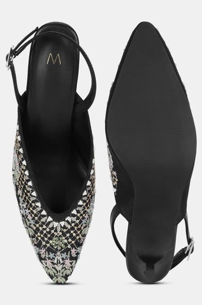 Black Pointed Toe Embroidered Stiletto-WMARIA - wforwoman