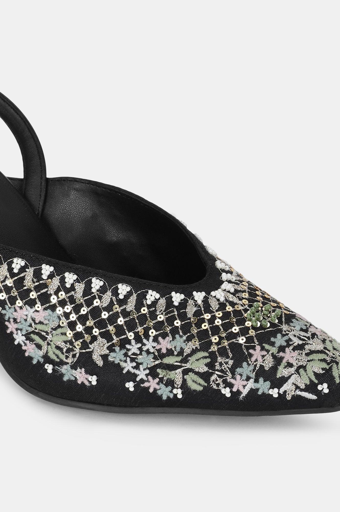 Black Pointed Toe Embroidered Stiletto-WMARIA - wforwoman