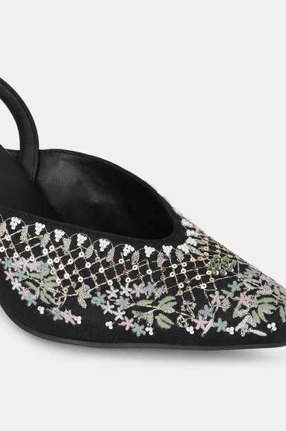 Black Pointed Toe Embroidered Stiletto-WMARIA - wforwoman