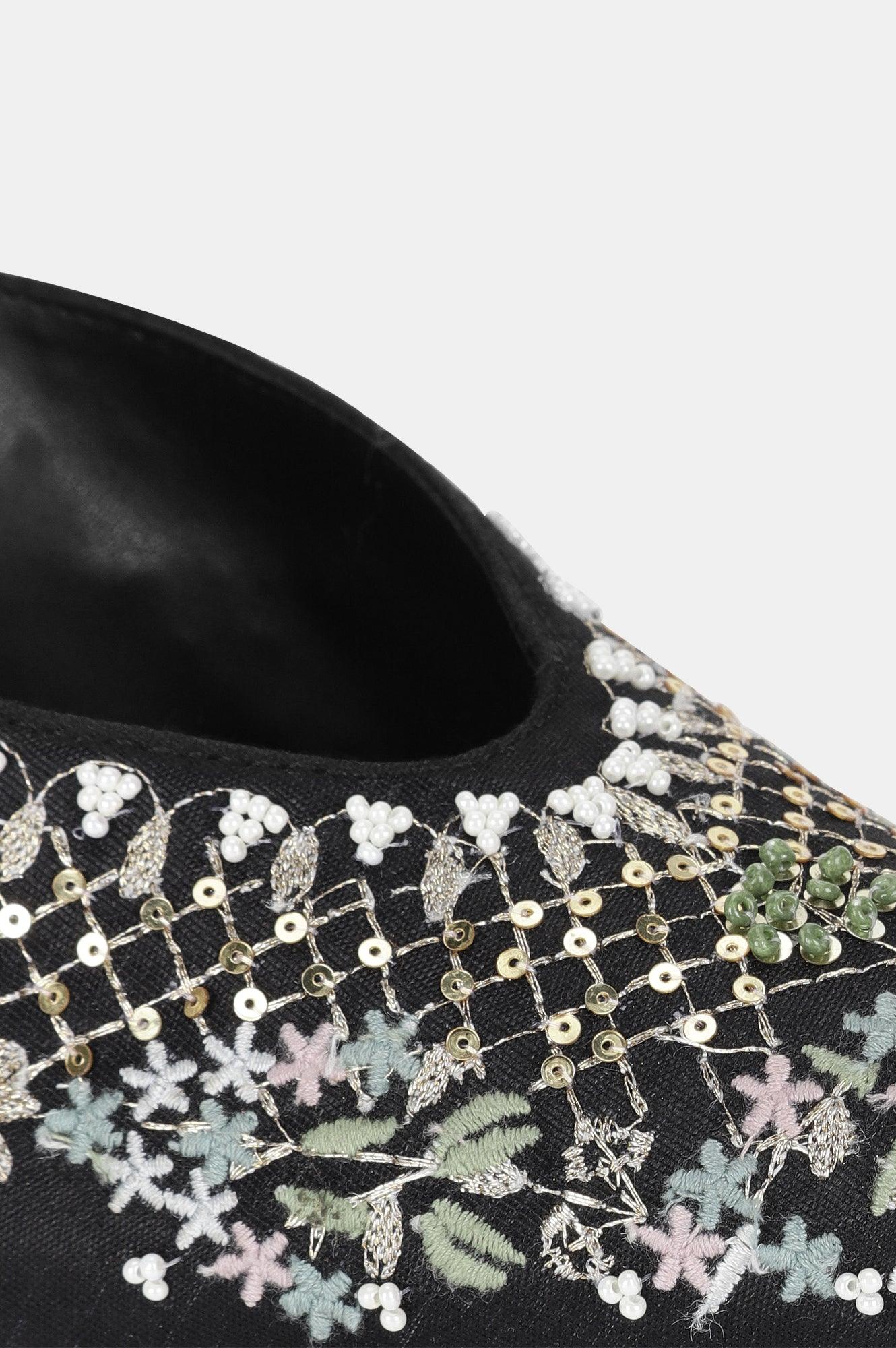 Black Pointed Toe Embroidered Stiletto-WMARIA - wforwoman