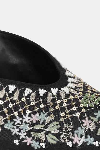 Black Pointed Toe Embroidered Stiletto-WMARIA - wforwoman
