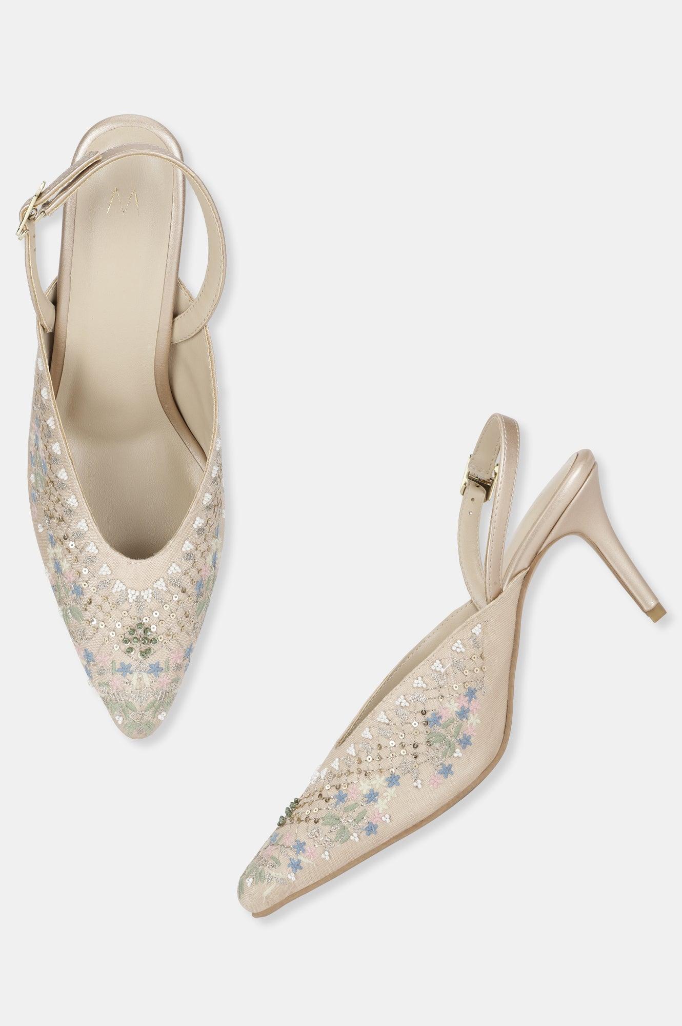 Beige Pointed Toe Embroidered Stiletto-WMARIA - wforwoman