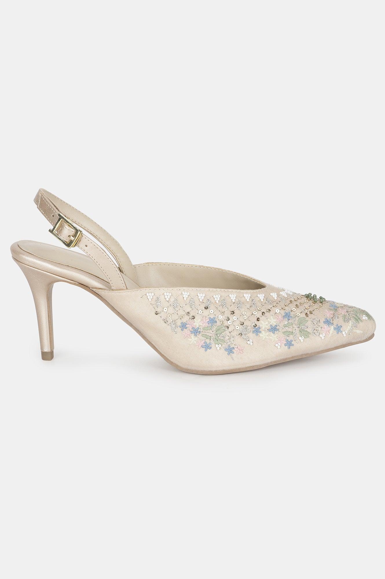 Beige Pointed Toe Embroidered Stiletto-WMARIA - wforwoman
