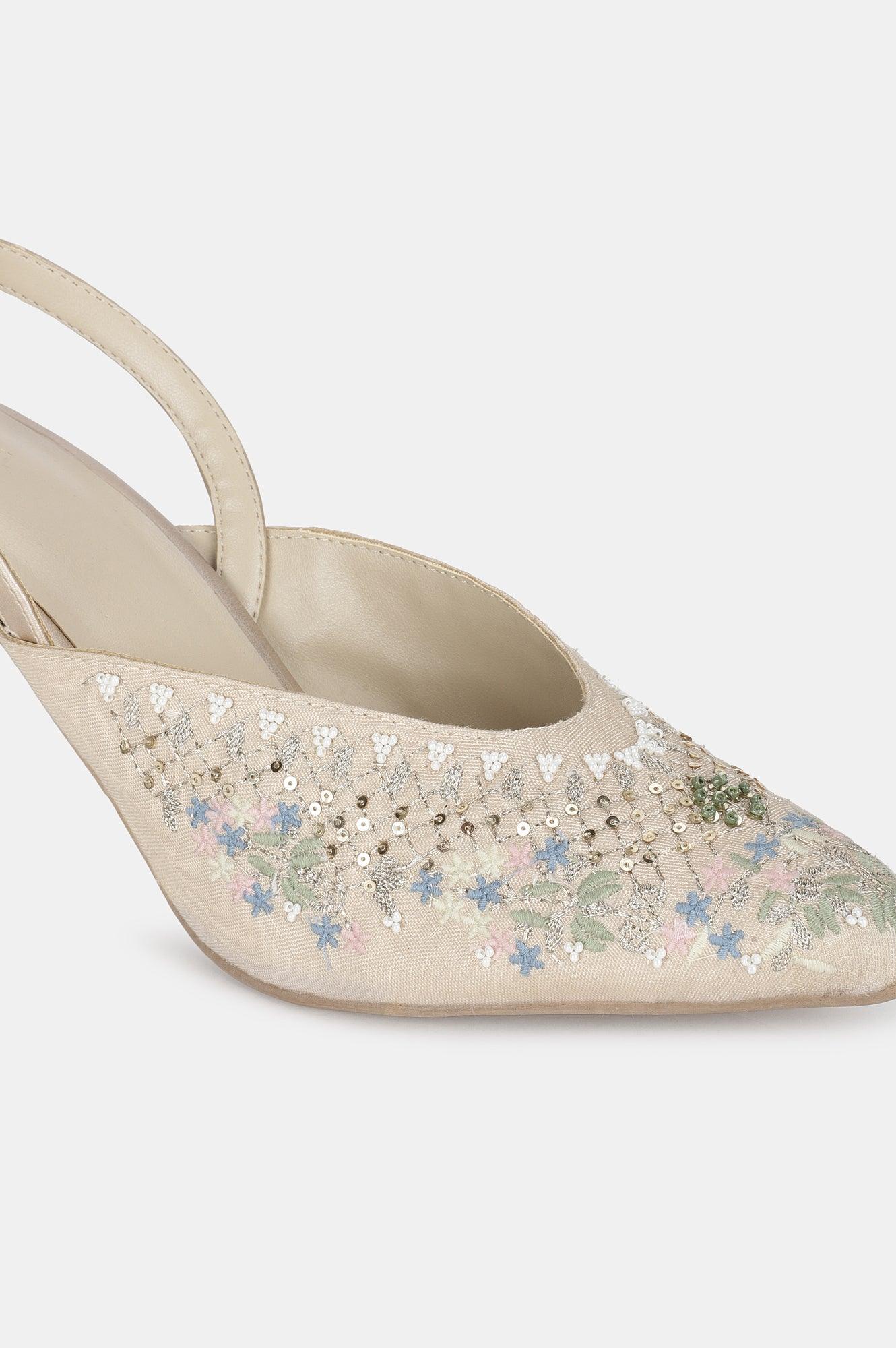 Beige Pointed Toe Embroidered Stiletto-WMARIA - wforwoman