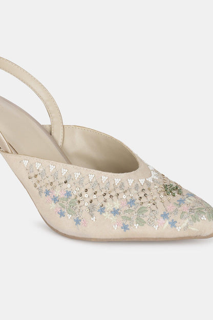 Beige Pointed Toe Embroidered Stiletto-WMARIA - wforwoman