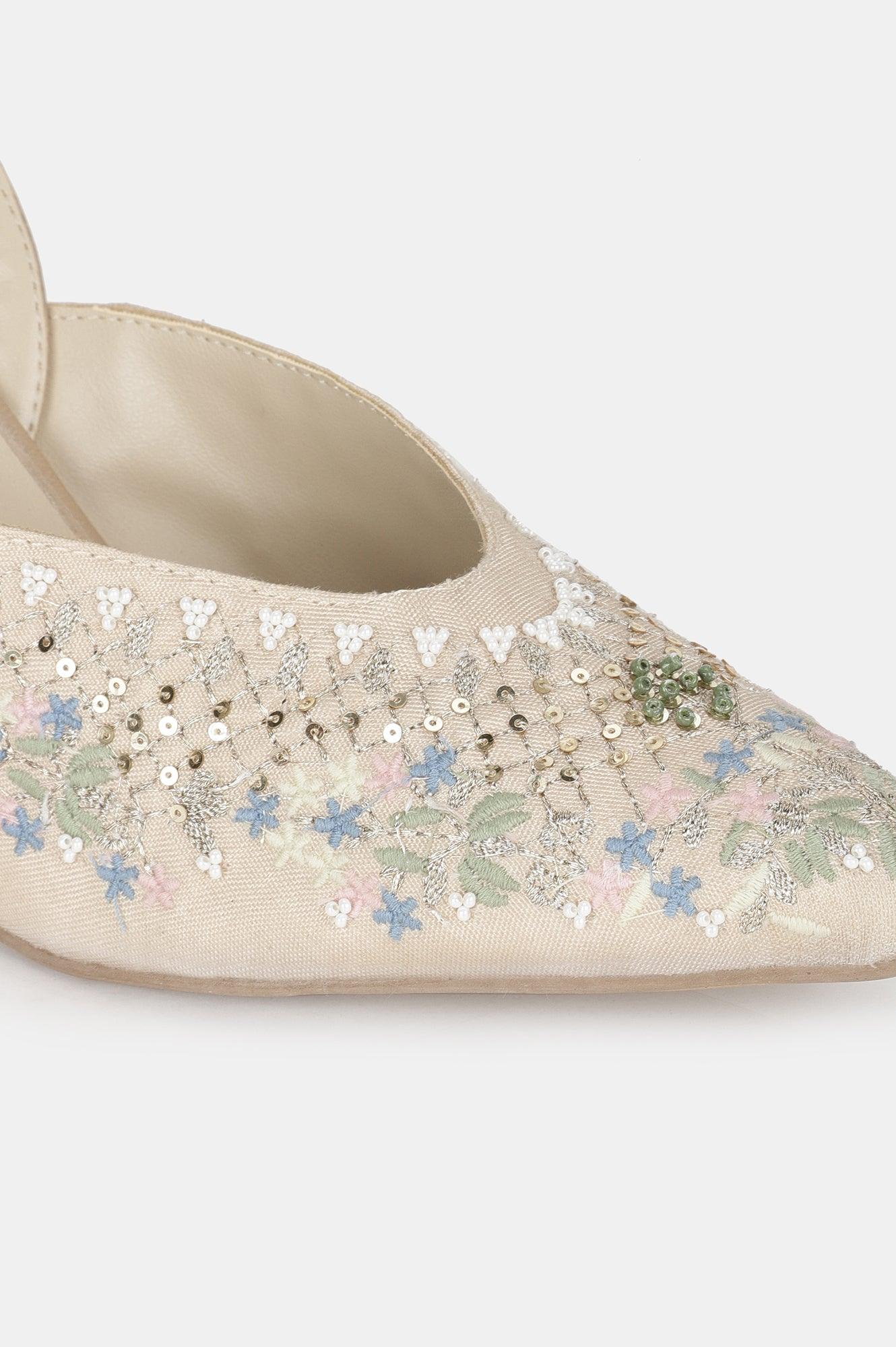 Beige Pointed Toe Embroidered Stiletto-WMARIA - wforwoman