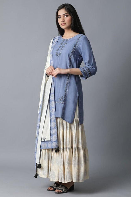 Blue kurta-Printed Sharara-Drape Set - wforwoman