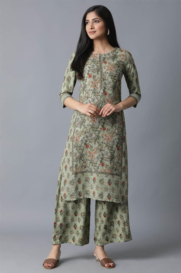 Green All-over Print Straight kurta-Parallel Pants