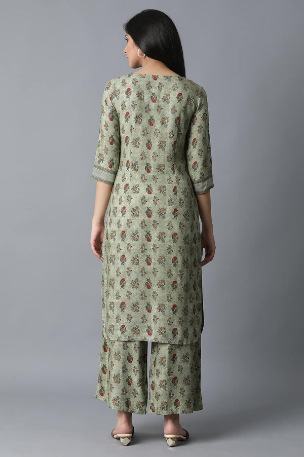 Green All-over Print Straight kurta-Parallel Pants