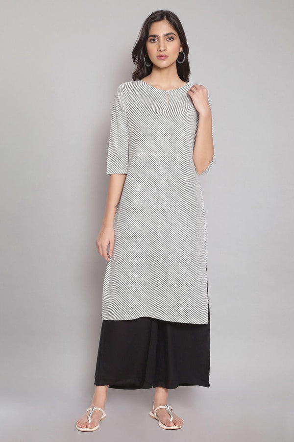 Ecru Stripe Printed kurta With Black Parallel Pants