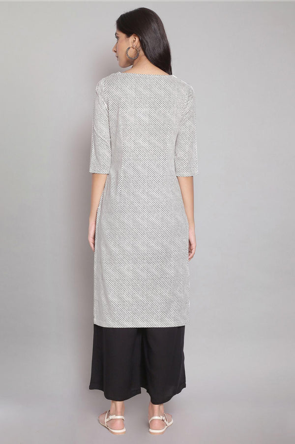 Ecru Stripe Printed kurta With Black Parallel Pants