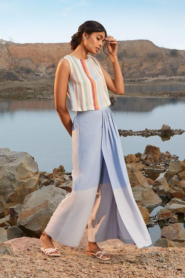 Soft Multicoloured Printed Crop Top-Wrapped Skirt Set