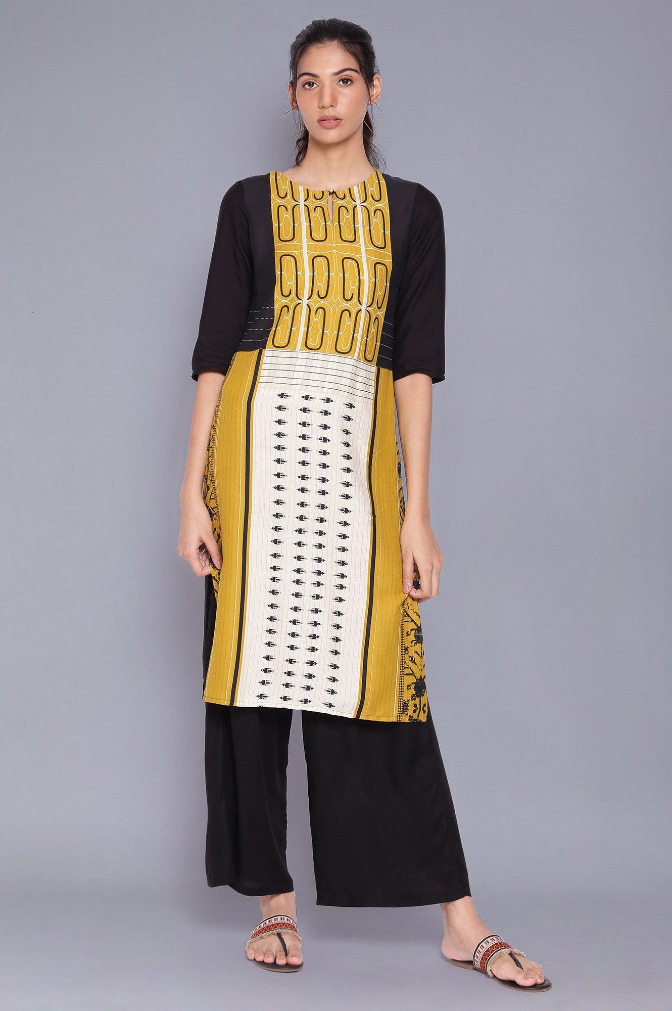 Black And Yellow Printed kurta With Parallel Pants - wforwoman