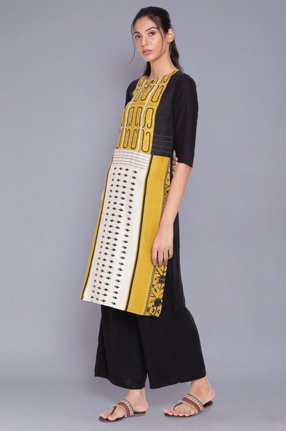 Black And Yellow Printed kurta With Parallel Pants - wforwoman