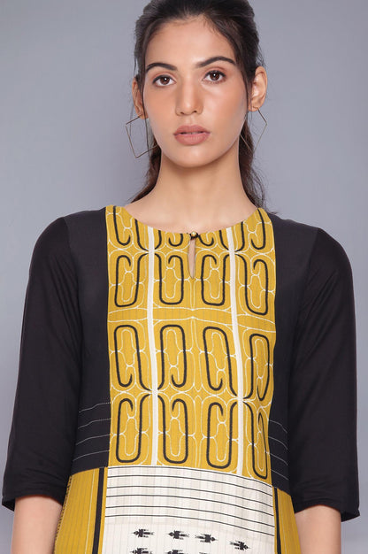 Black And Yellow Printed kurta With Parallel Pants - wforwoman