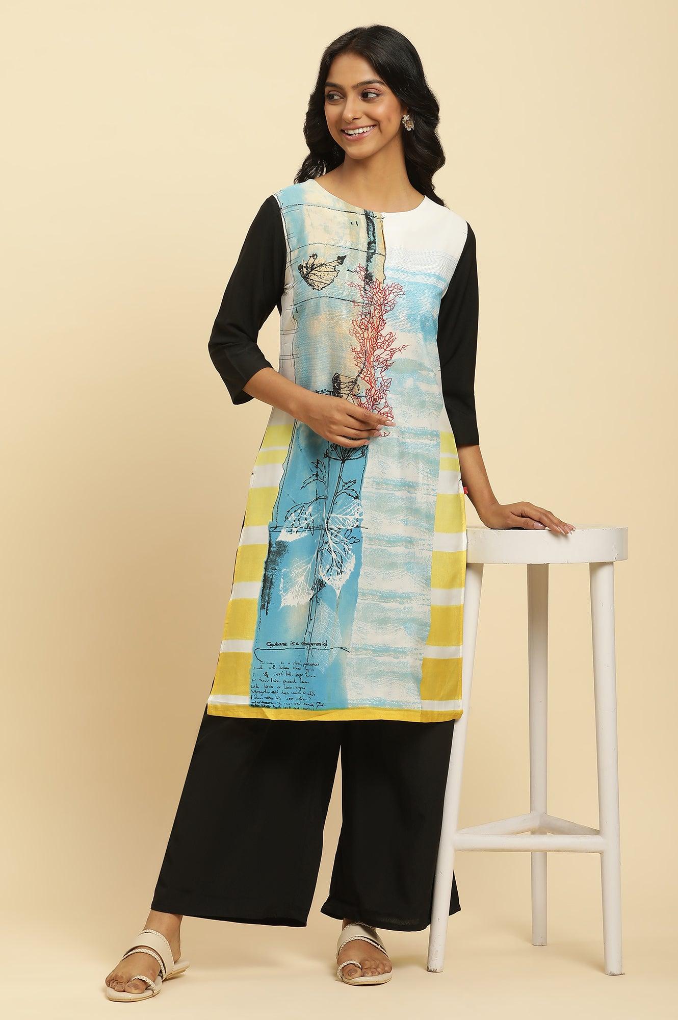 Multi-Coloured Dobby Kurta-Parallel Pants Set - wforwoman