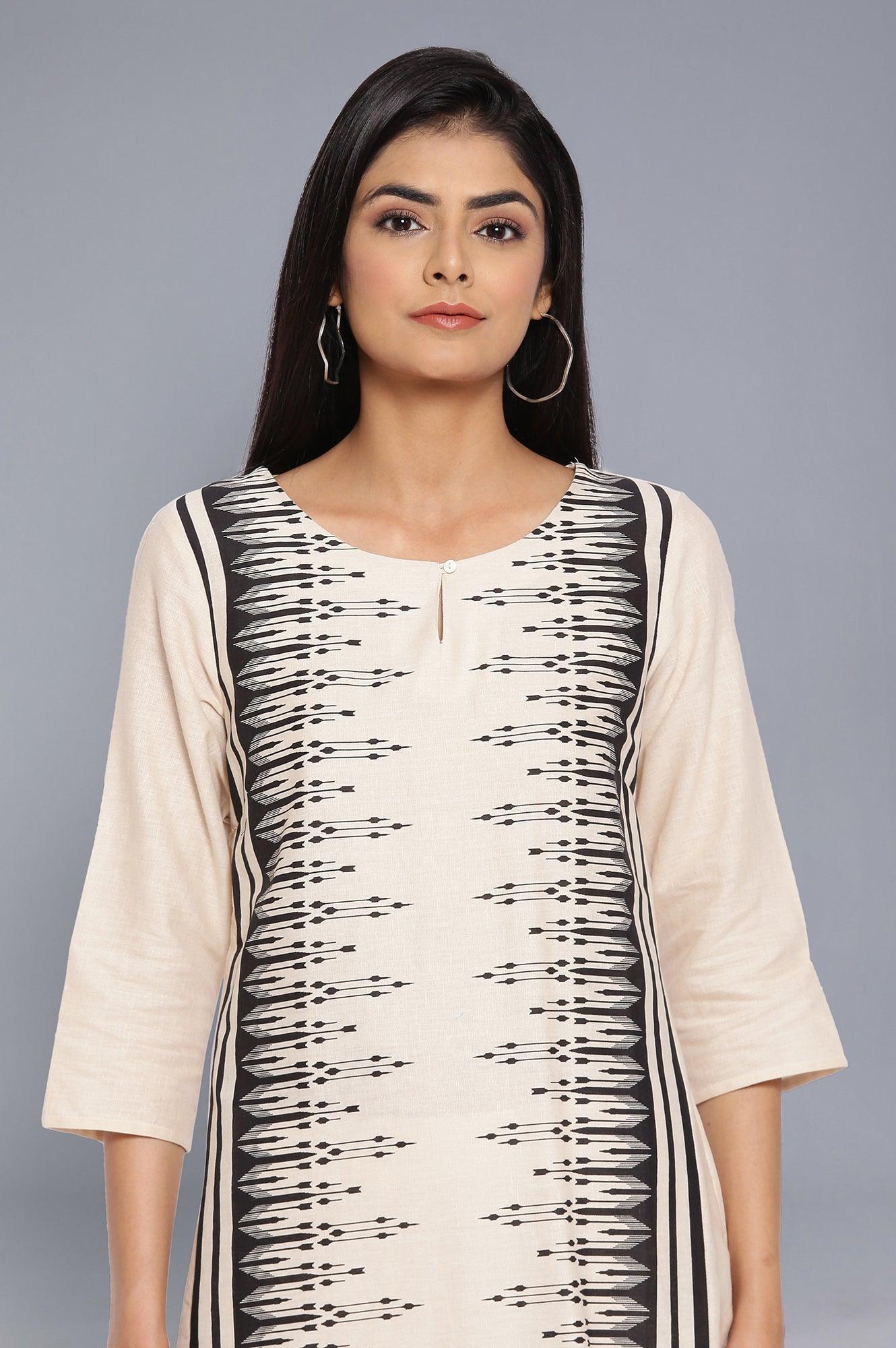 Beige Geometric Print kurta-Parallel Pants - wforwoman