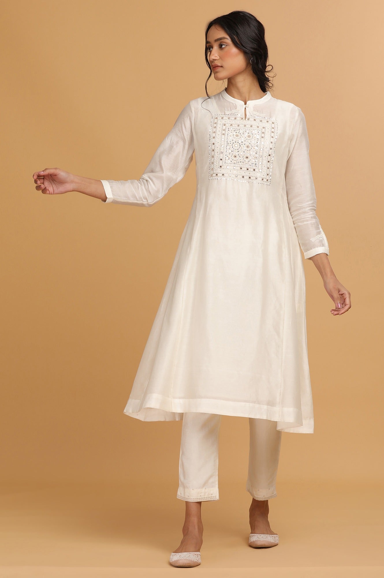 Ecru Cotton Silk Embroidered kurta
