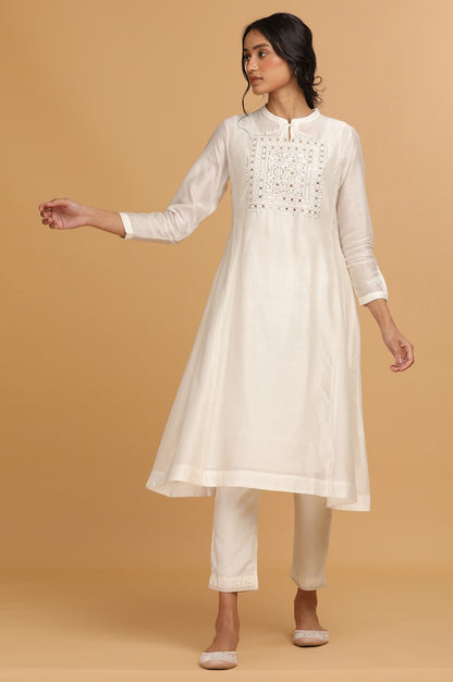 Ecru Cotton Silk Embroidered kurta