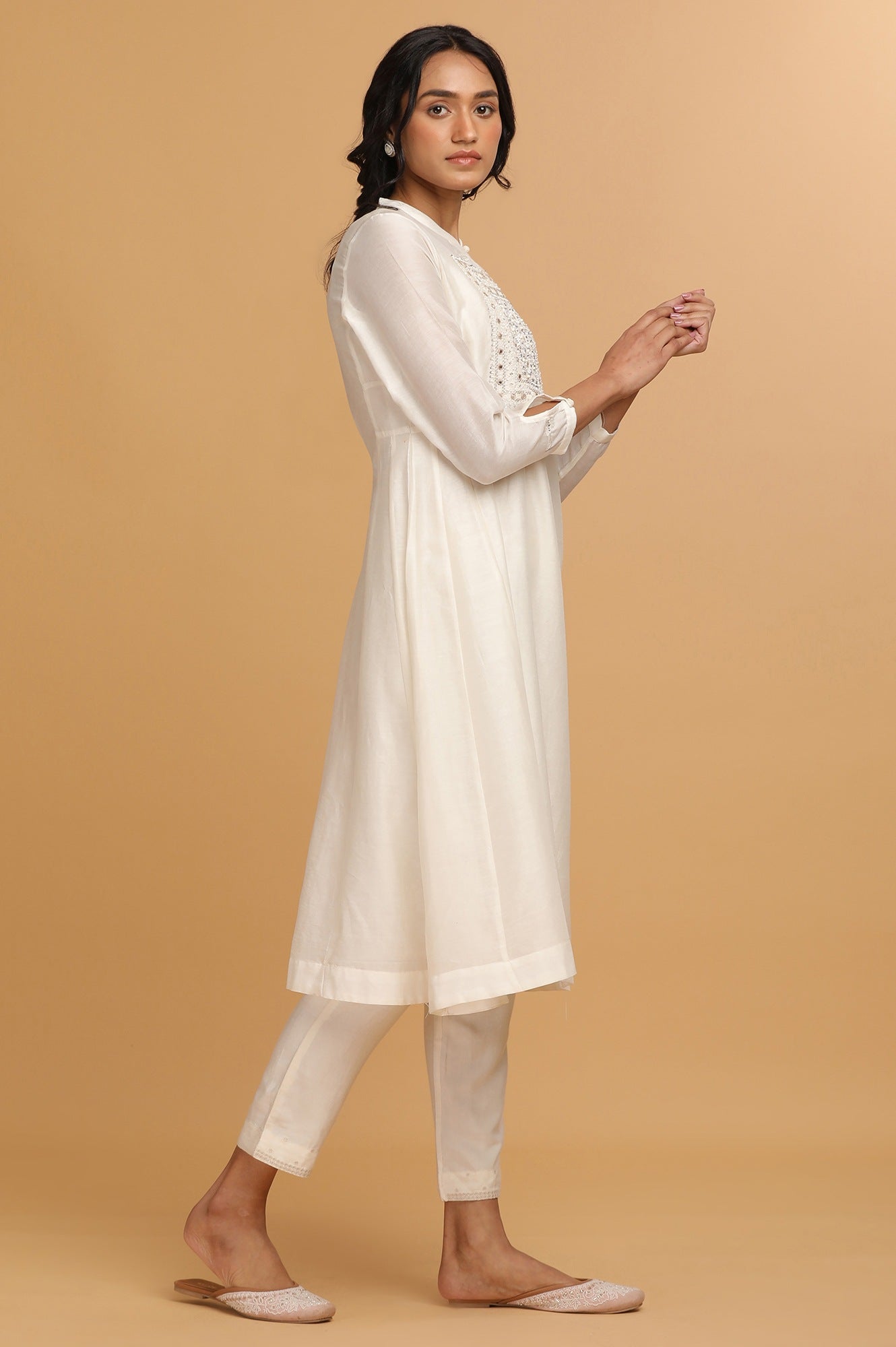 Ecru Cotton Silk Embroidered kurta