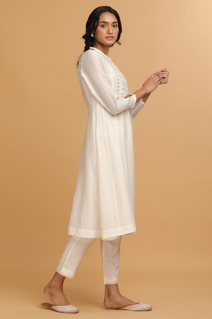 Ecru Cotton Silk Embroidered kurta