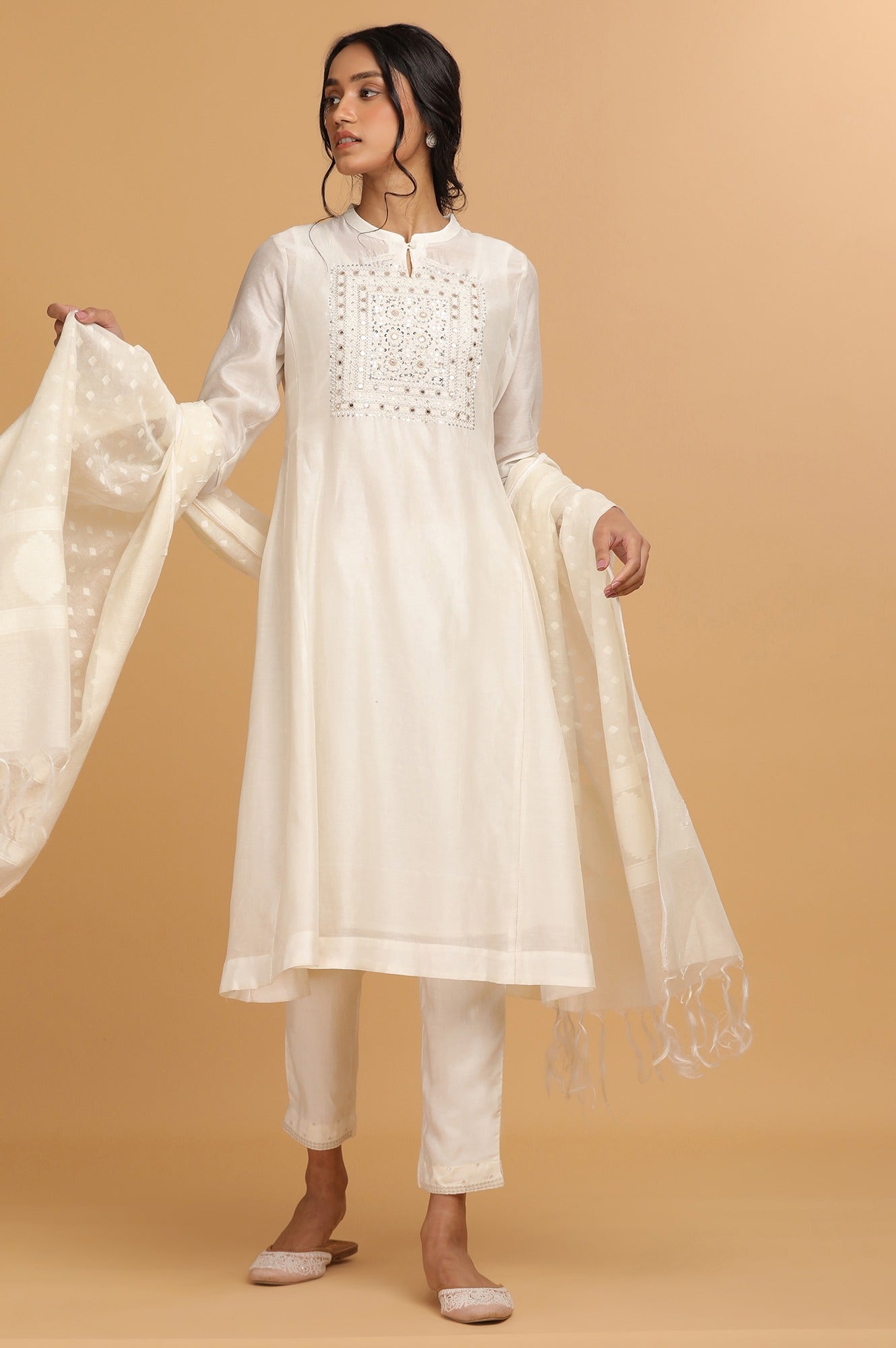 Ecru Cotton Silk Embroidered kurta