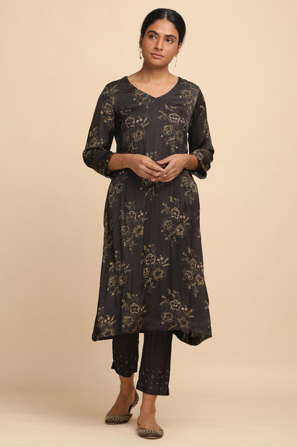Dark Grey Ajrakh Print kurta in Modal Satin