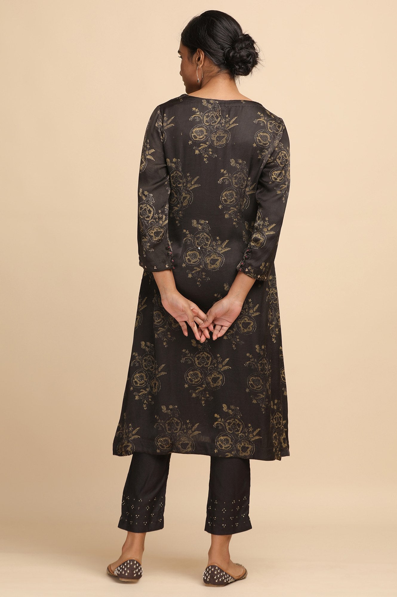 Dark Grey Ajrakh Print kurta in Modal Satin
