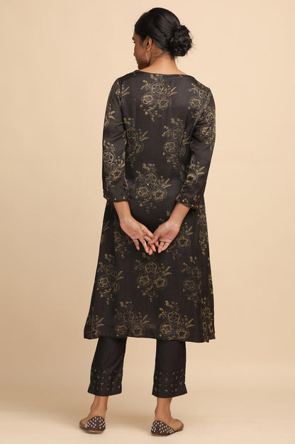 Dark Grey Ajrakh Print kurta in Modal Satin