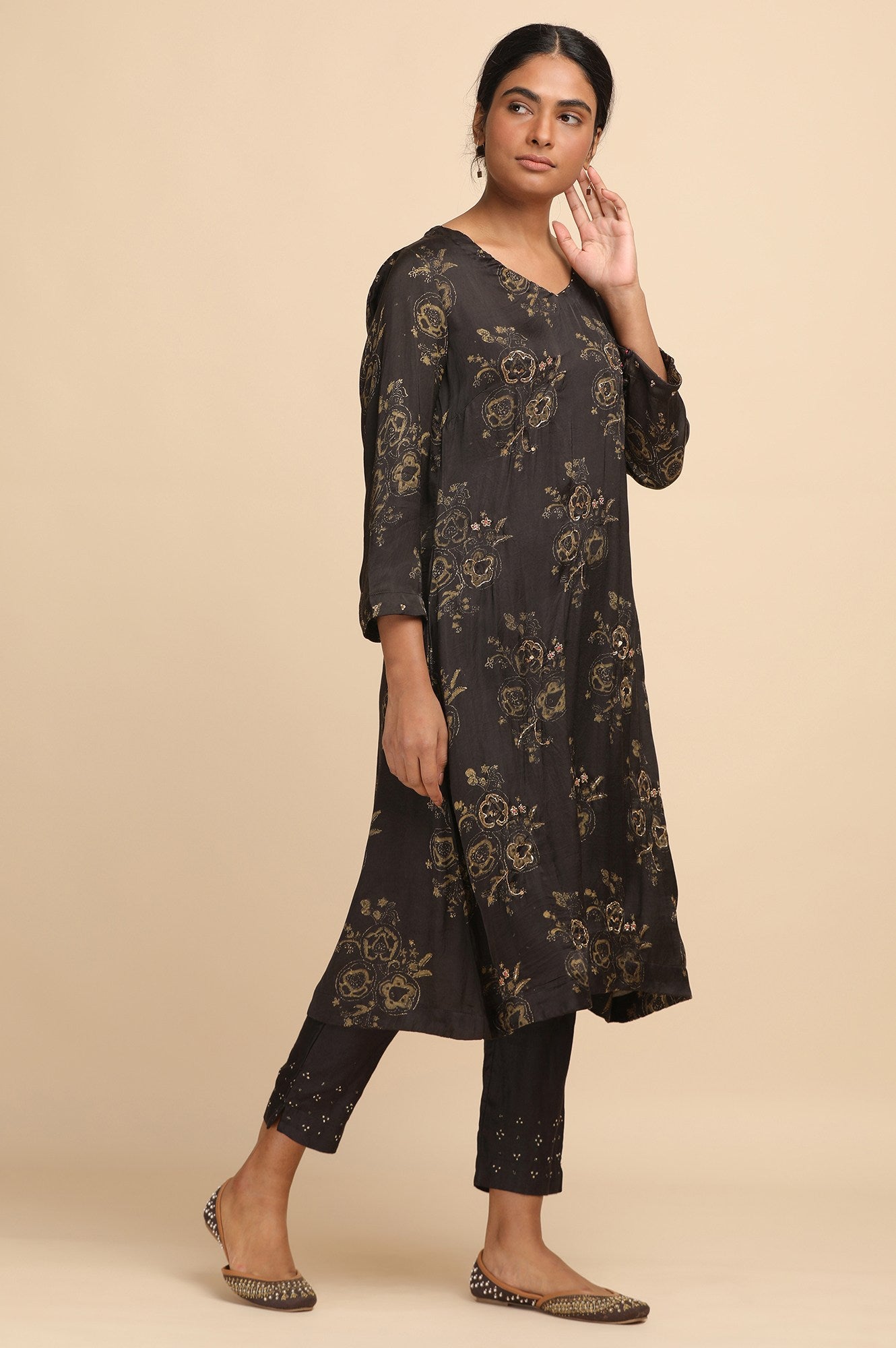 Dark Grey Ajrakh Print kurta in Modal Satin