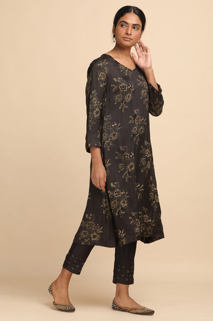 Dark Grey Ajrakh Print kurta in Modal Satin