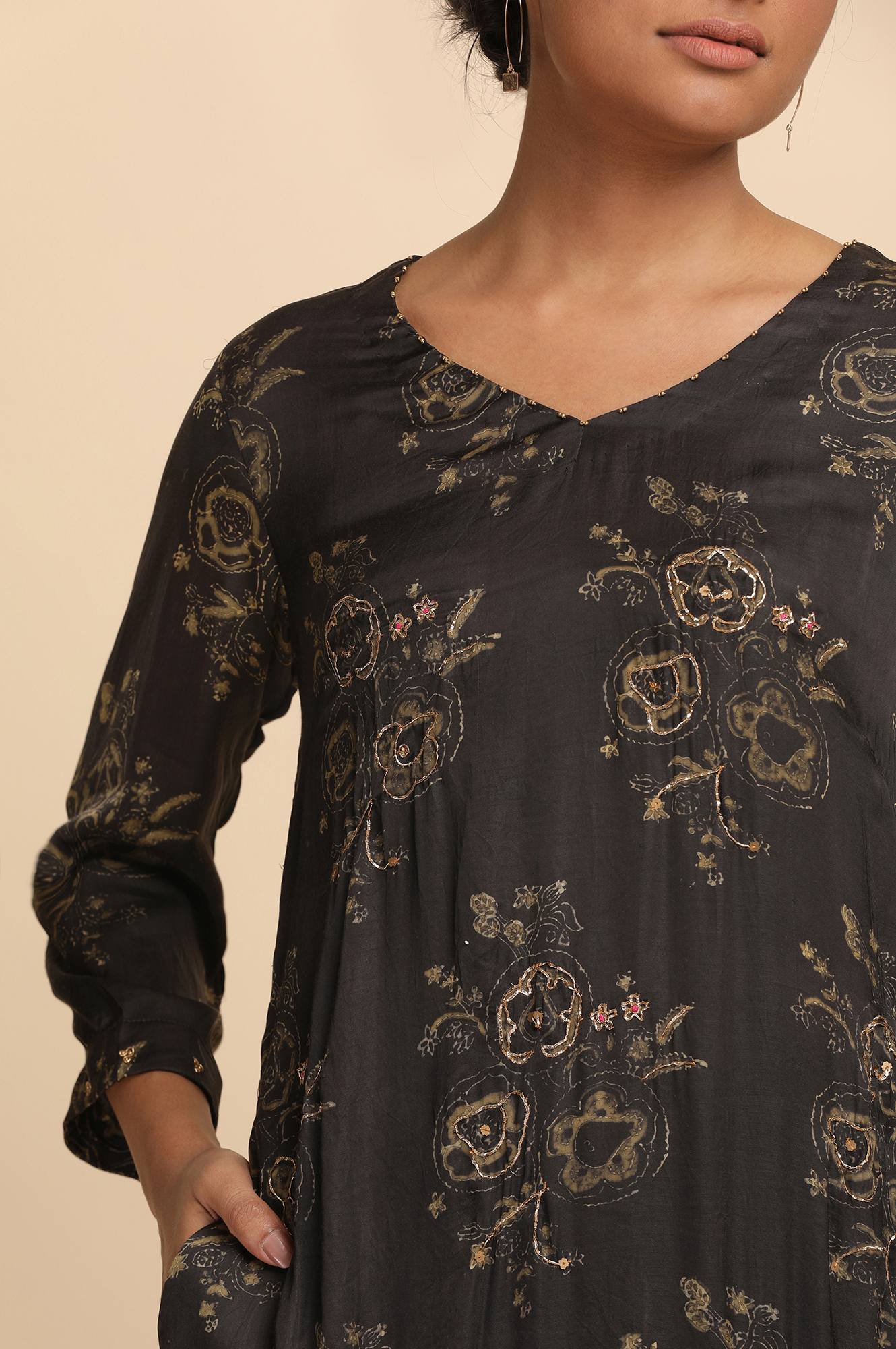 Dark Grey Ajrakh Print kurta in Modal Satin