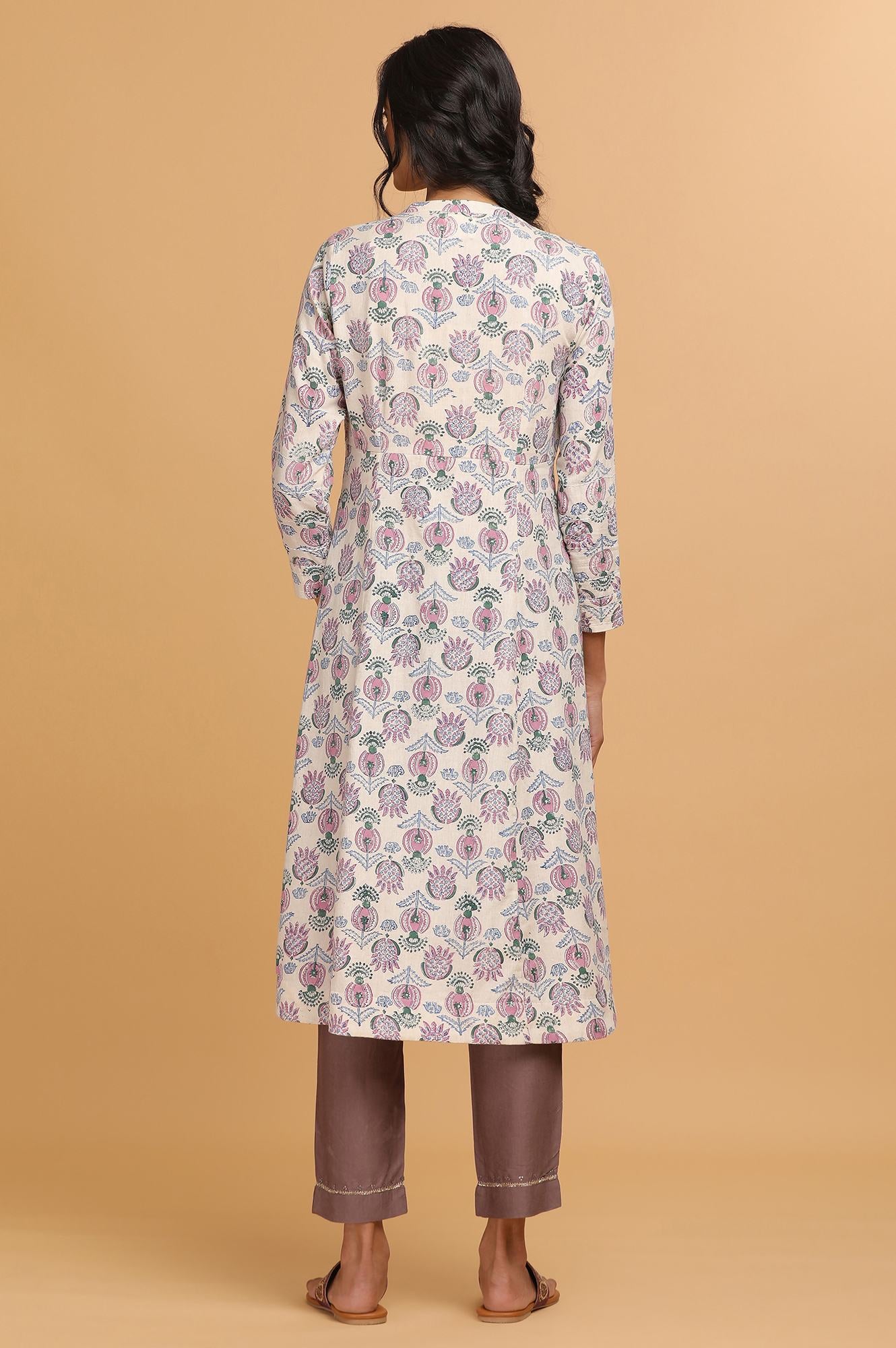 Ecru Hand Block Print Flared kurta