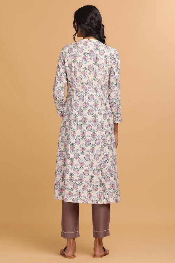 Ecru Hand Block Print Flared kurta