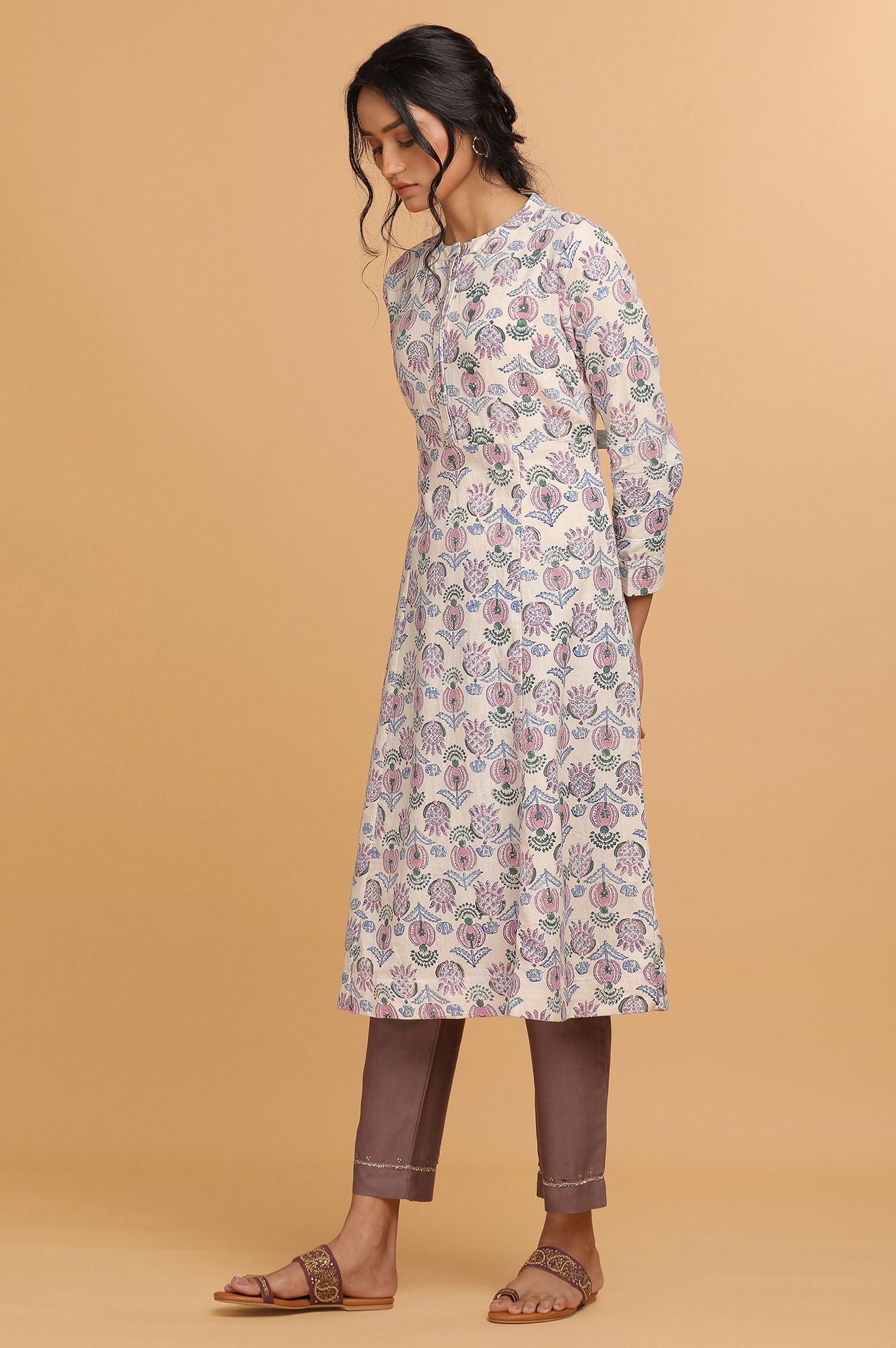 Ecru Hand Block Print Flared kurta