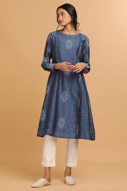 Indigo Hand Block Print kurta in Cotton Silk
